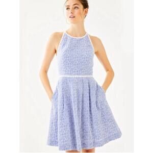 Lilly Pulitzer Tori Dress Halter Knee Length Lace Back Women's 6 Blue and White